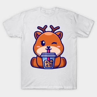 Cute deer drinking boba milk tea cartoon T-Shirt